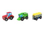 Three wooden toy farm vehicles: a red tractor, a green combine harvester, and a blue and yellow hay wagon.