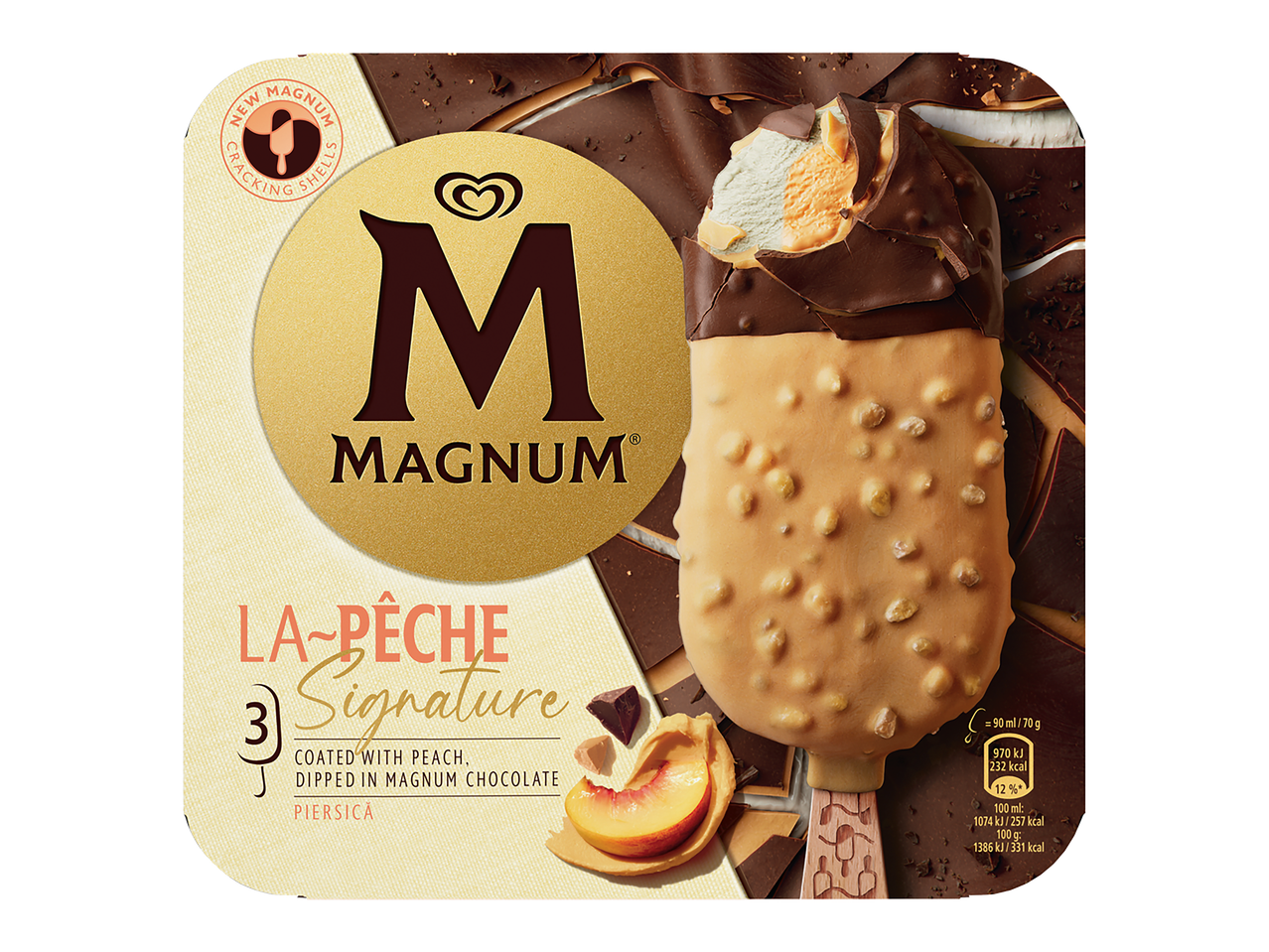 Gelado de pêssego coberto com chocolate, com 3 unidades e informações nutricionais.
