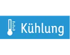 Blaues Etikett mit Thermometer-Symbol und dem Text 'Kühlung'.