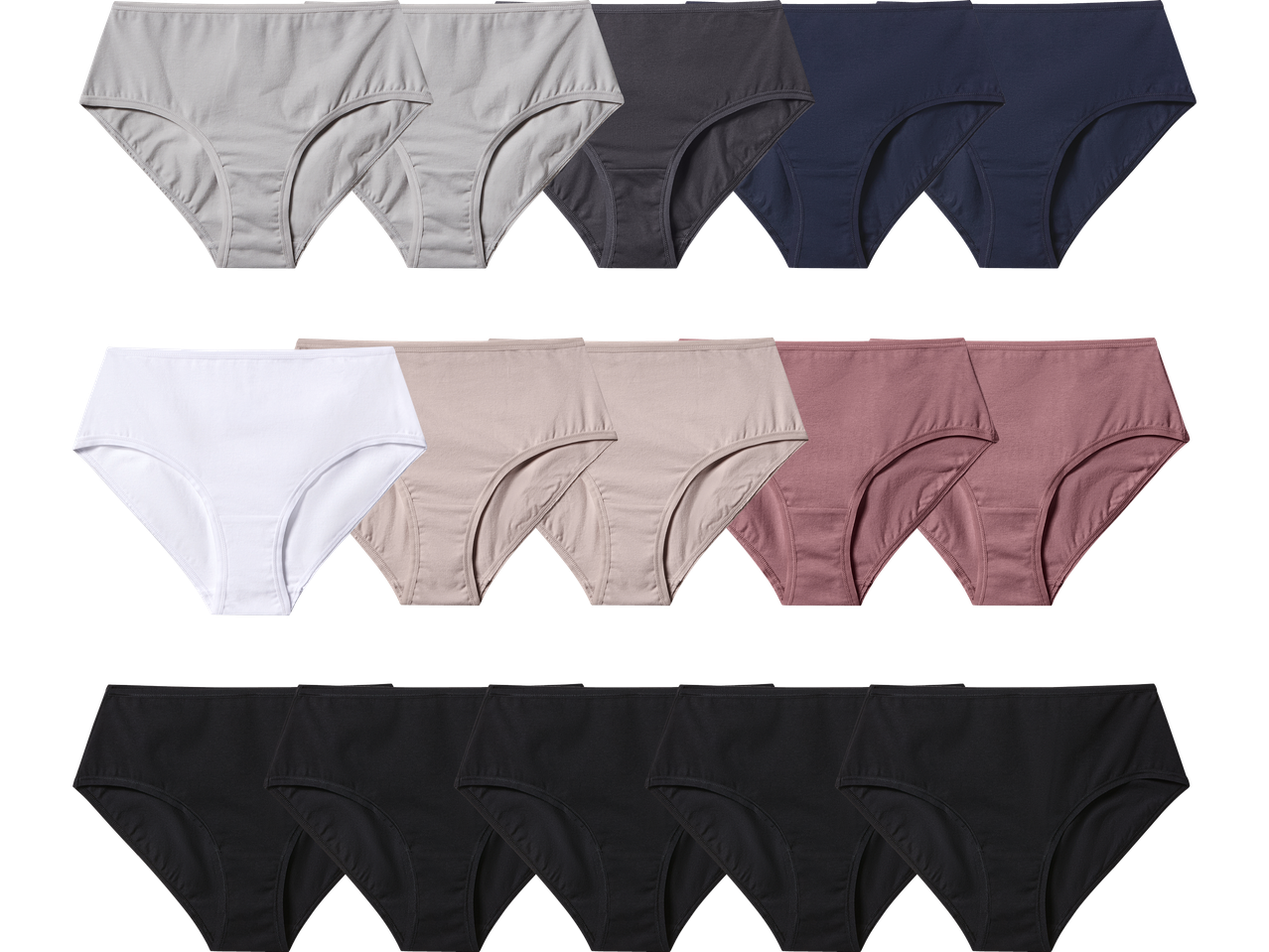 En uppsättning med 12 trosor i olika färger, inklusive grå, svart, vit, beige, rosa och marinblå.