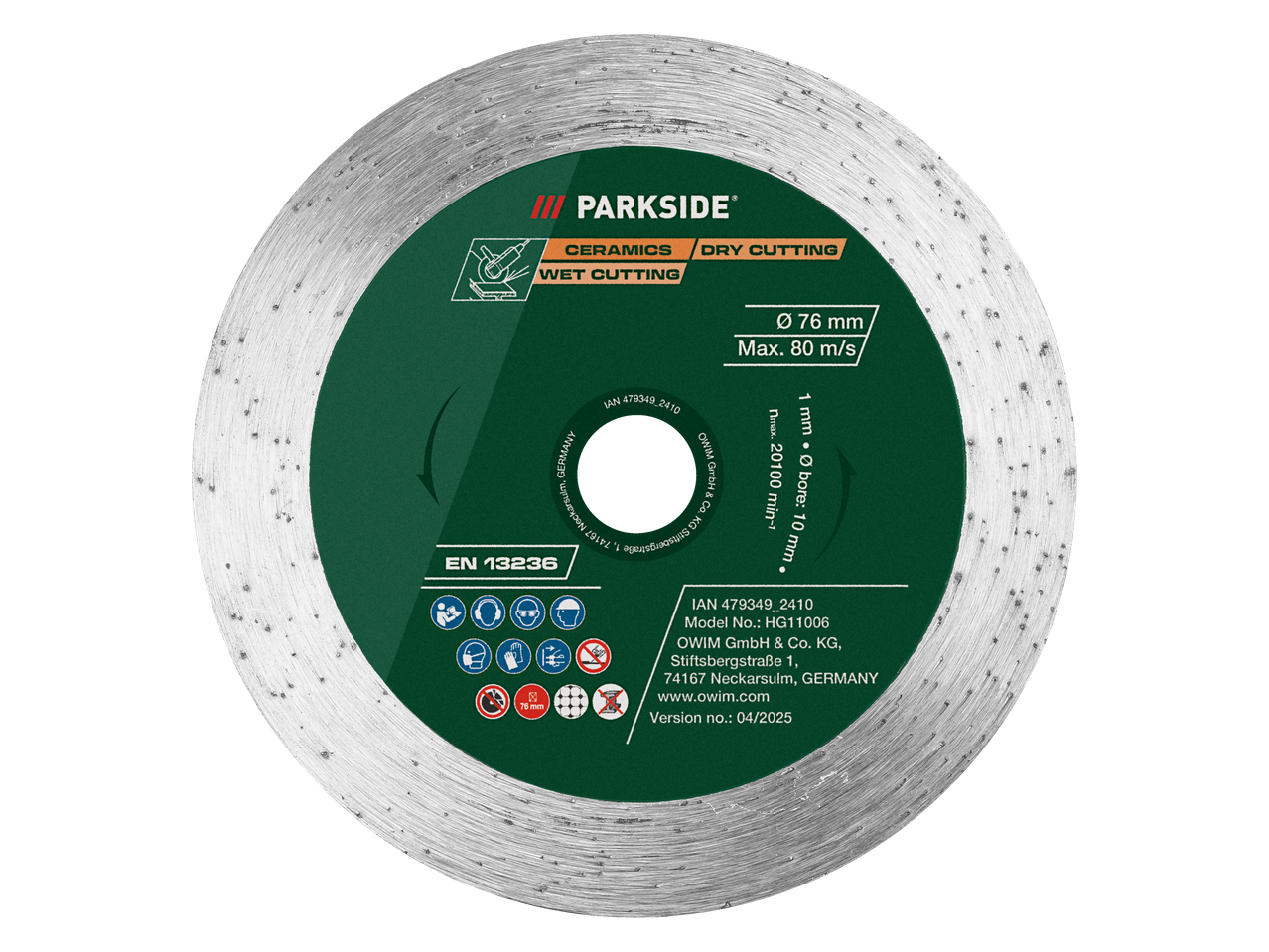 Disco de corte de diamante Parkside de 76 mm para cerâmica, corte a seco e a húmido.