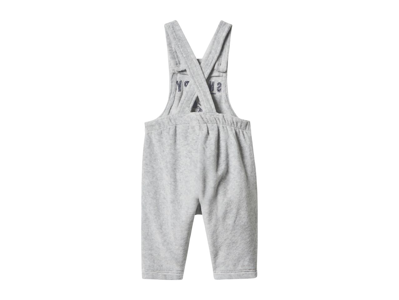 Grey baby dungarees with crossed straps and embroidered text on the back.