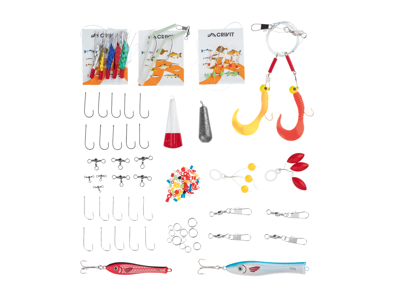 Set de pescuit CRIVIT cu năluci, cârlige, plumbi și momeli.