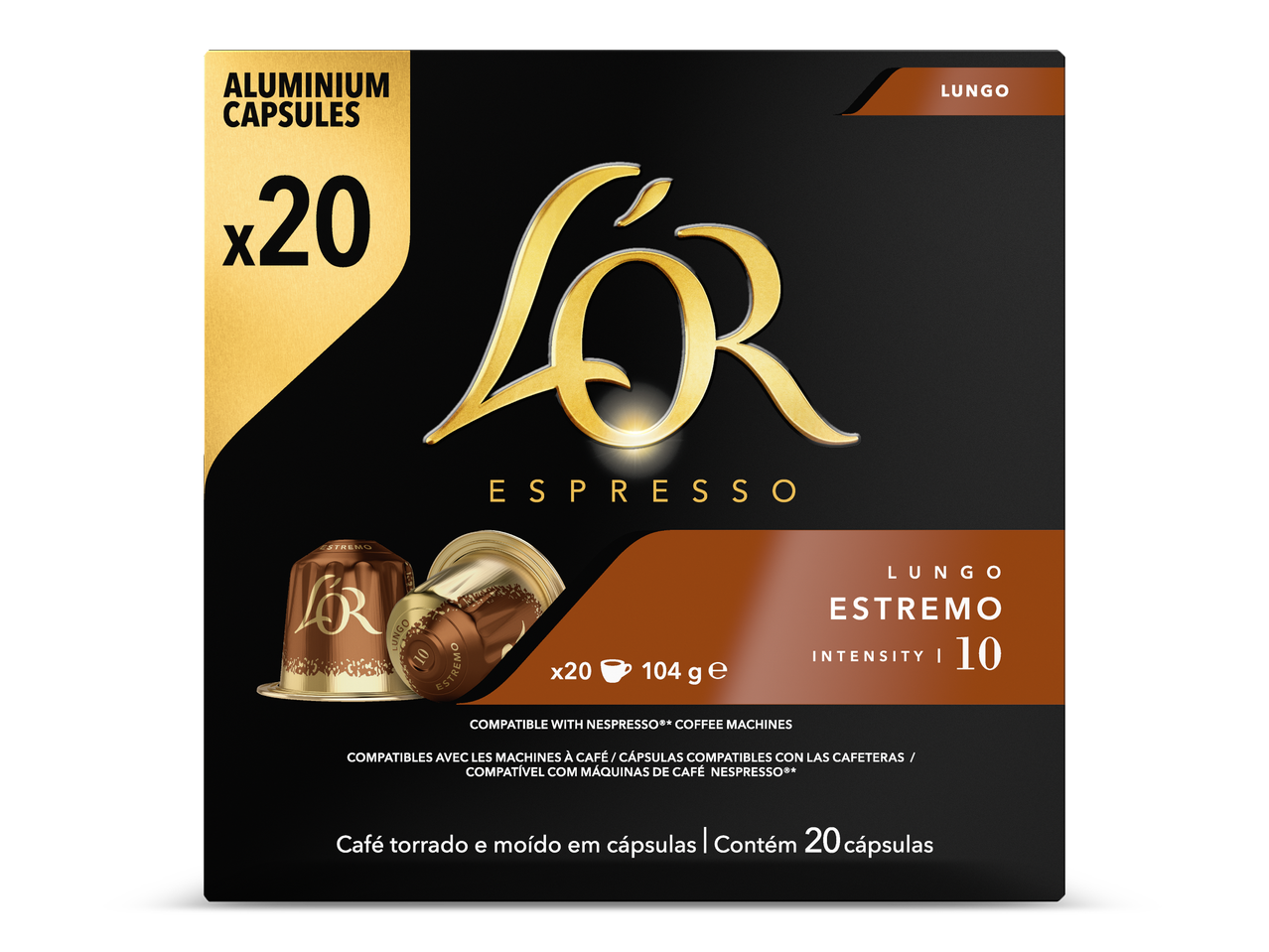 Een verpakking met 20 lungo espresso koffiecups met intensiteit 10.