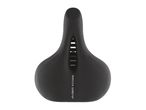 A black Crivit bicycle saddle with memory foam padding.
