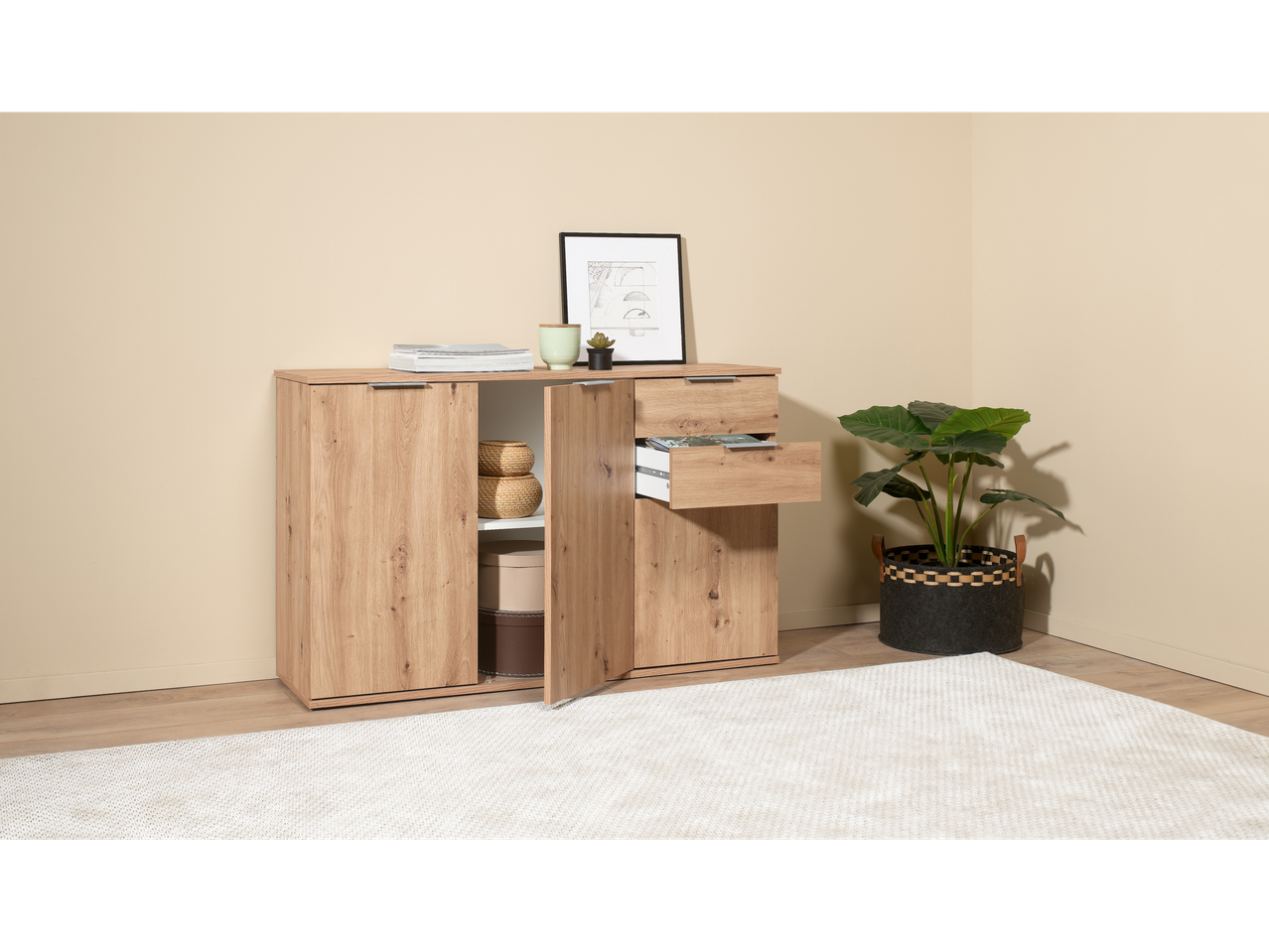 Modern wooden sideboard with two drawers and doors.