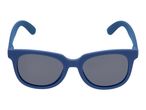 Blue children's sunglasses with dark lenses, isolated on a white background.