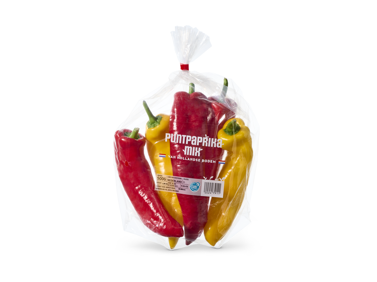 Een zak met rode en gele puntpaprika's, met een etiket met de tekst 'Puntpaprika mix van Hollandse bodem' en gewichtsinformatie.