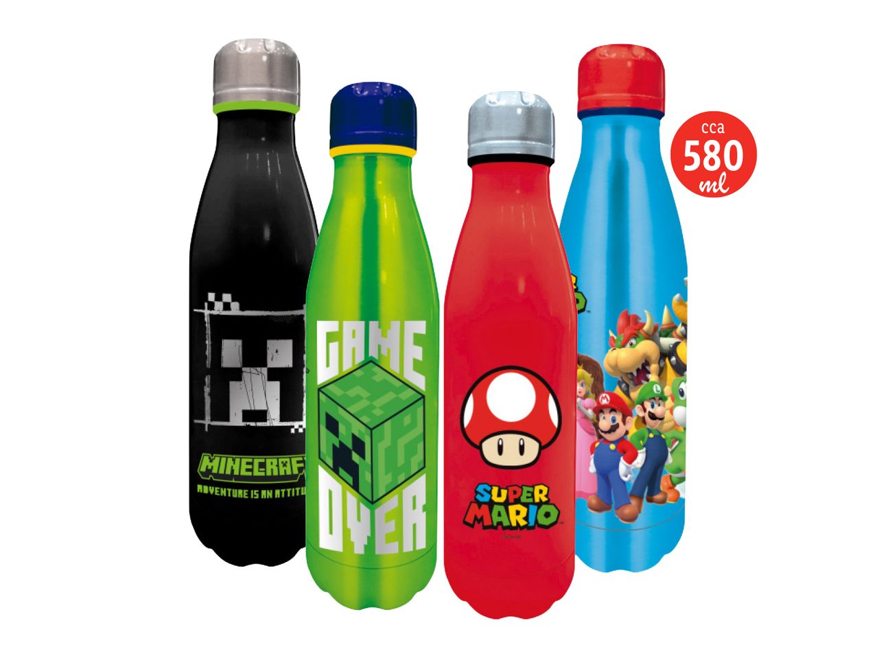 Četiri boce za vodu s temom videoigara: Minecraft, Game Over i Super Mario.