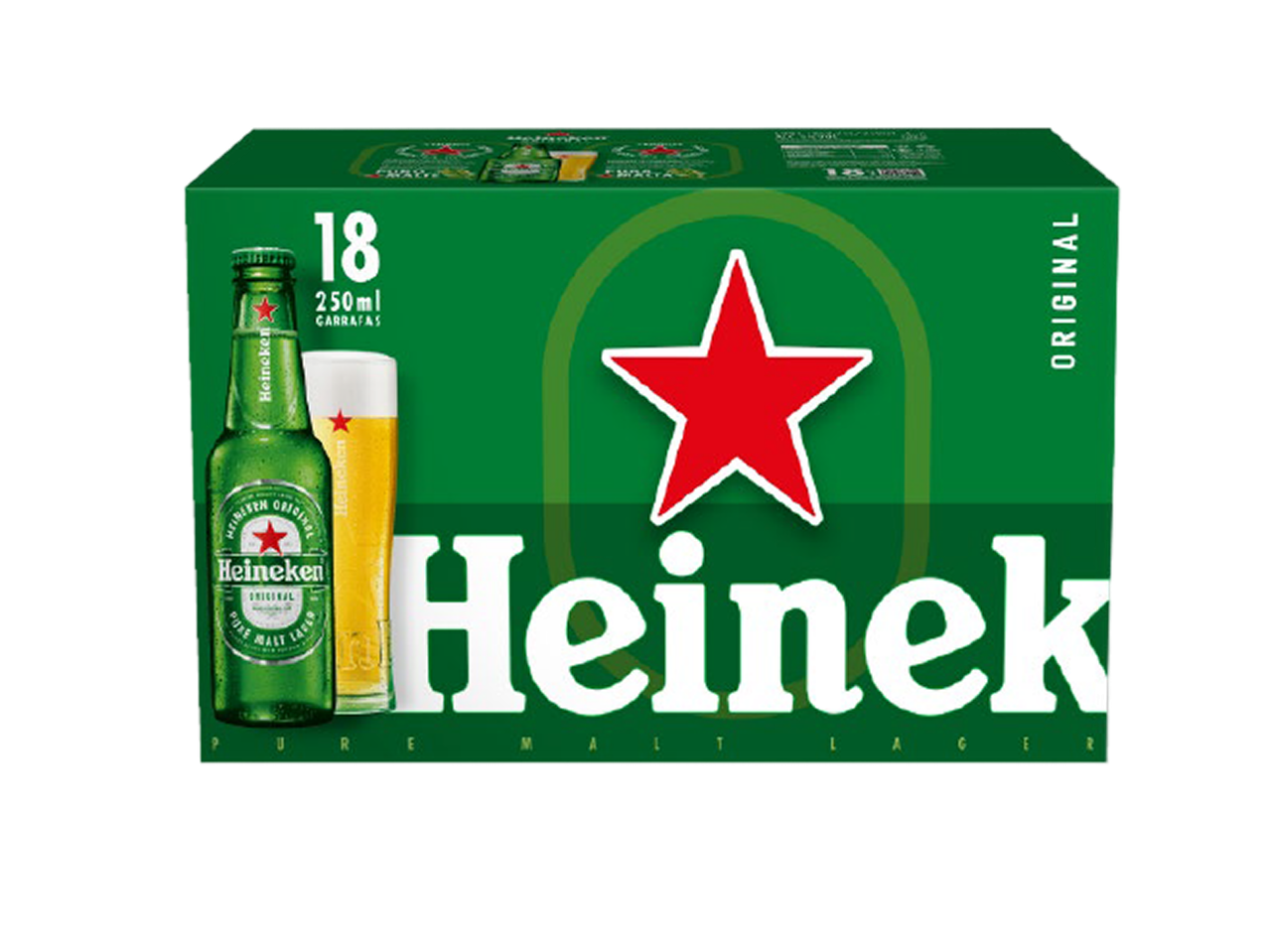 Caixa de 18 garrafas de cerveja de 250ml, com uma garrafa e um copo de cerveja.