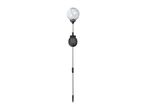 Solar-powered garden stake light with a clear globe containing fairy lights.