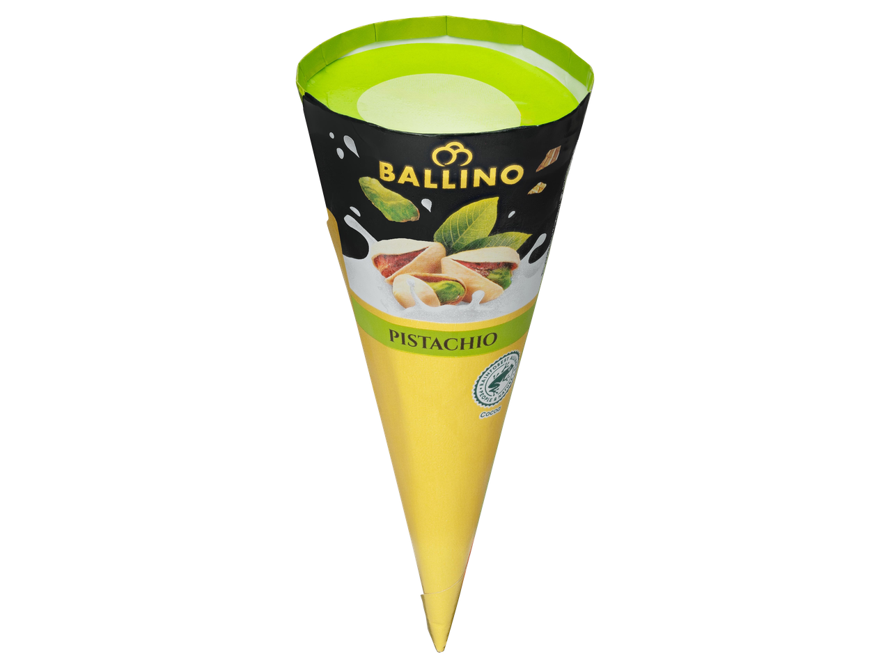 Pistachio ízű jégkrém tölcsérben, fekete és sárga csomagolásban, zöld kupakkal.