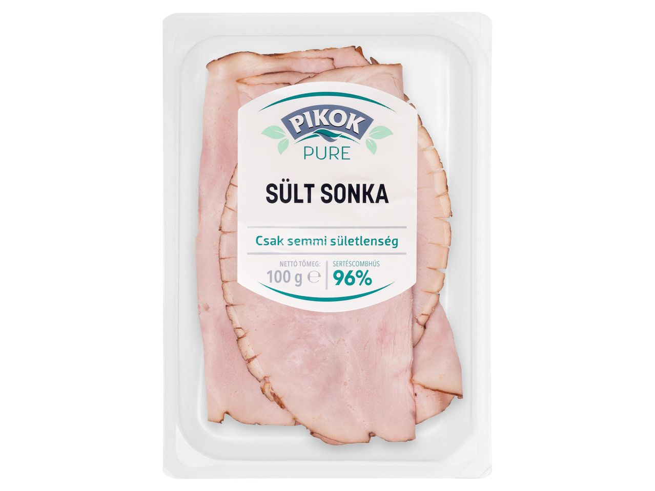 Pikok Pure sült sonka szeletek átlátszó műanyag csomagolásban.