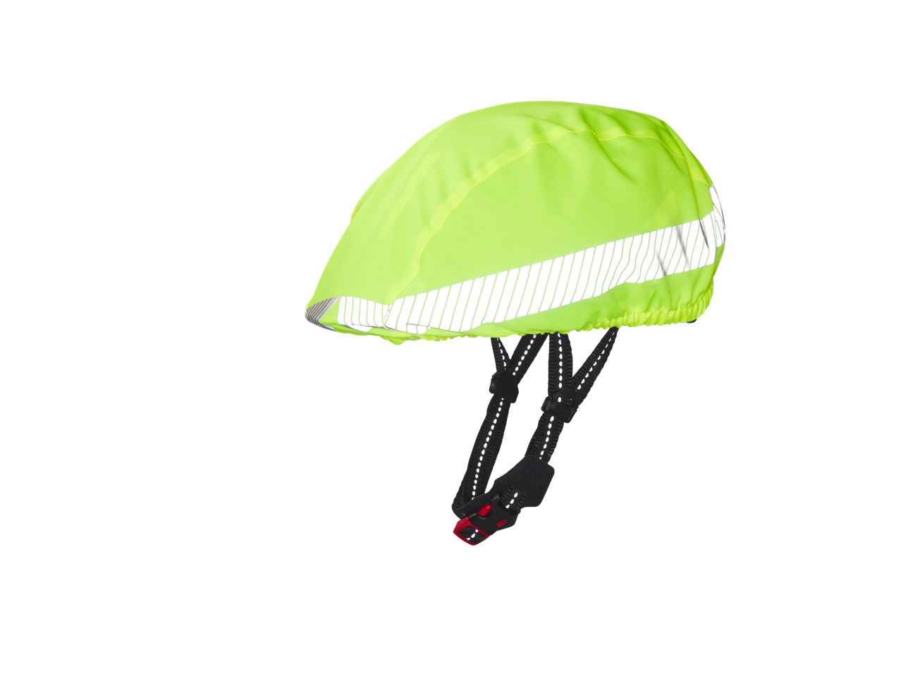 Cykeltillbehör: En neongul hjälmöverdrag med reflexband.