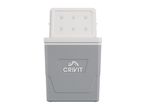 A grey Crivit cooler with its lid open, showcasing its interior and brand logo.