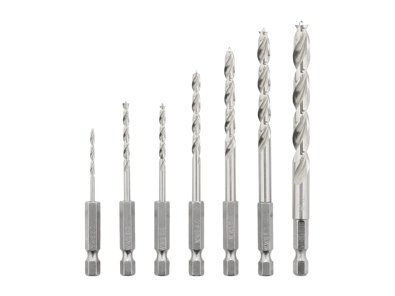 A set of seven silver drill bits with hexagonal shanks, varying in size from 2.0mm to 6.0mm.