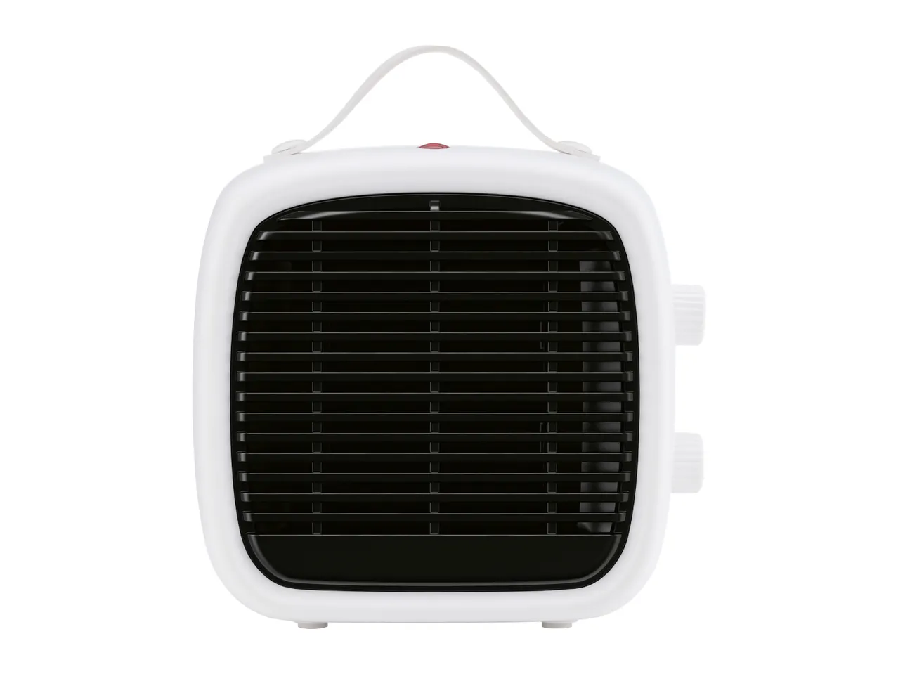 White portable electric fan heater with a black grille and top handle
