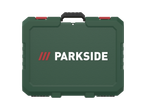 PARKSIDE tööriistakomplekt rohelises karbis punaste sulgurite ja musta käepidemega.