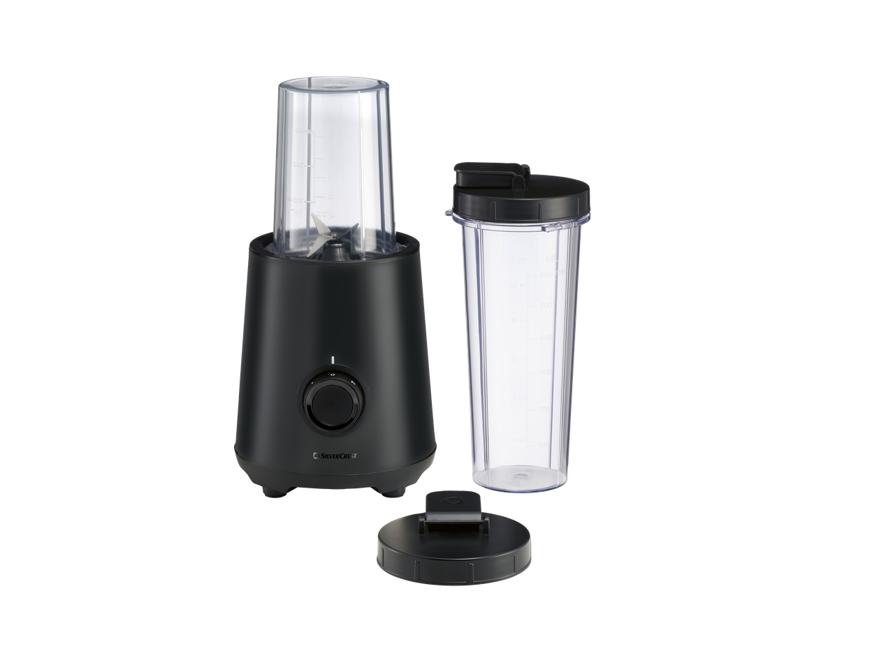 SILVERCREST smuutiblender kahe tassi ja kaanega mustal taustal.