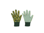 Par de luvas de jardinagem com padrão de folhas e pontos verdes.