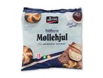 Emballage med fuldkornsboller, der viser boller med birkes og smør, med teksten 'Godmorgen: møllehjul' og 'Altid nybagt'.
