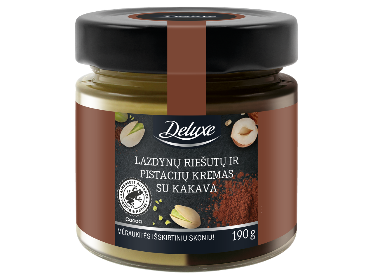 Deluxe pistacijų ir lazdyno riešutų kremas su kakava.