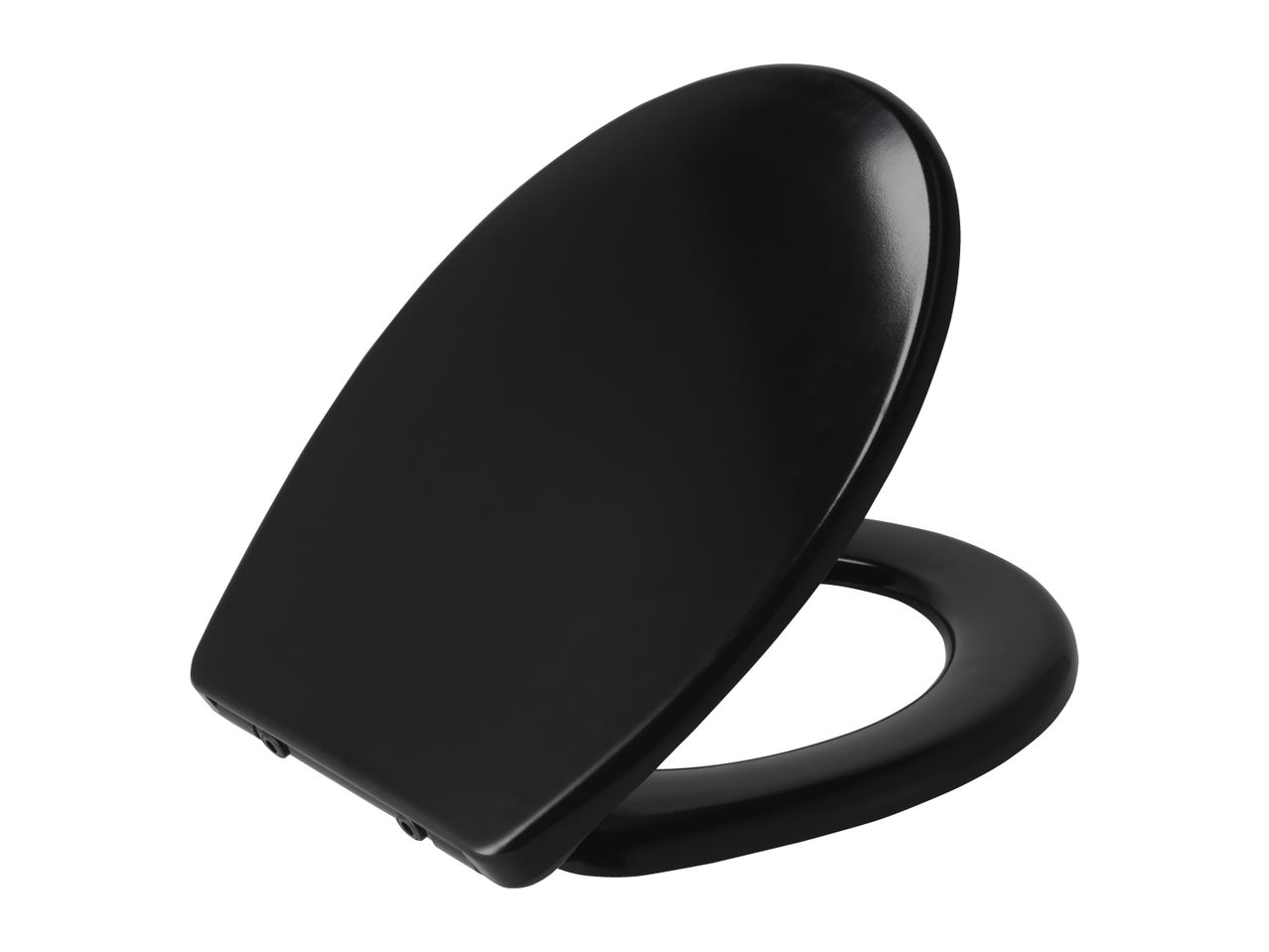 A black toilet seat and lid, angled upwards, on a white background.