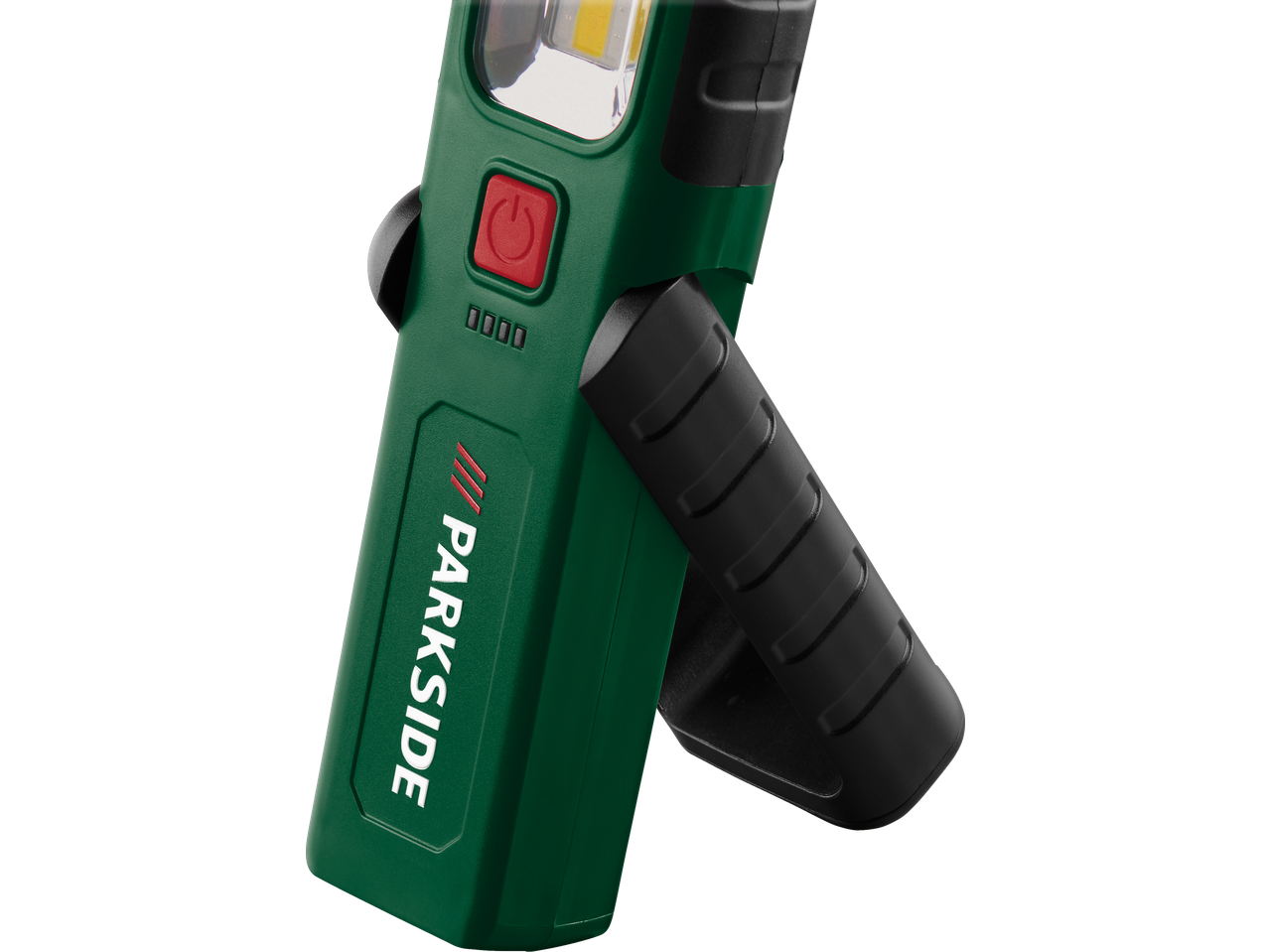 Green work light with a red power button and a black adjustable stand.