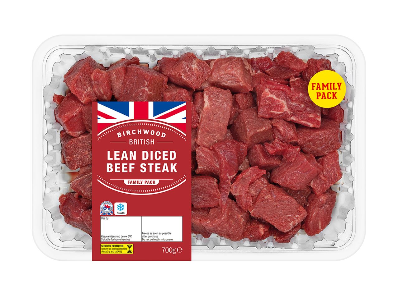 Birchwood British lean diced beef steak, family pack.