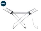 Silver heated clothes airer with foldable wings and a power cord.