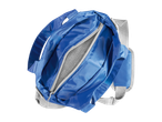 Bolsa azul com alças e compartimento refrigerante.