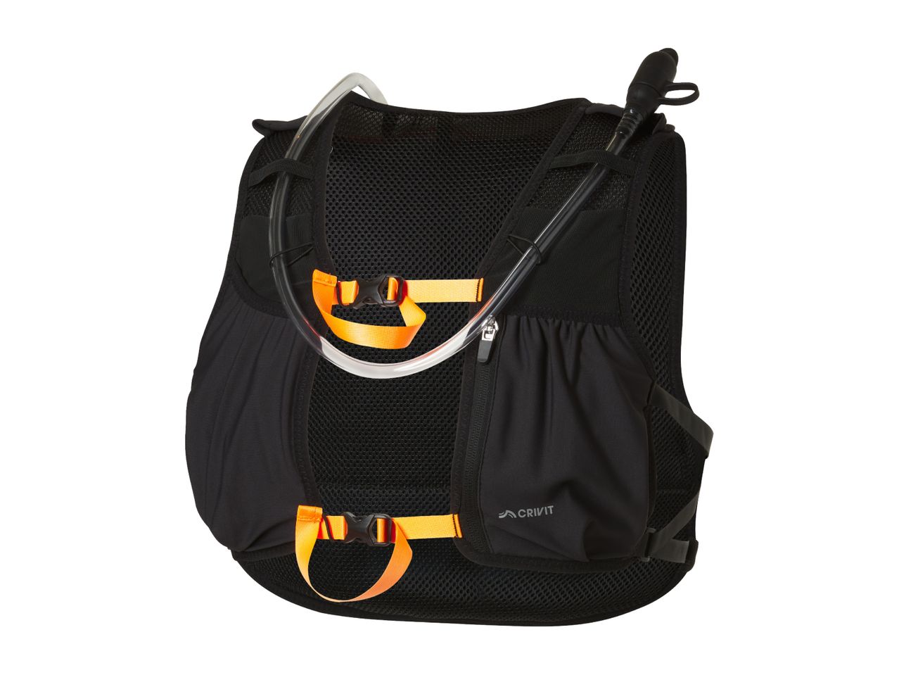 Black hydration vest with orange buckles and a clear drinking tube with a bite valve.