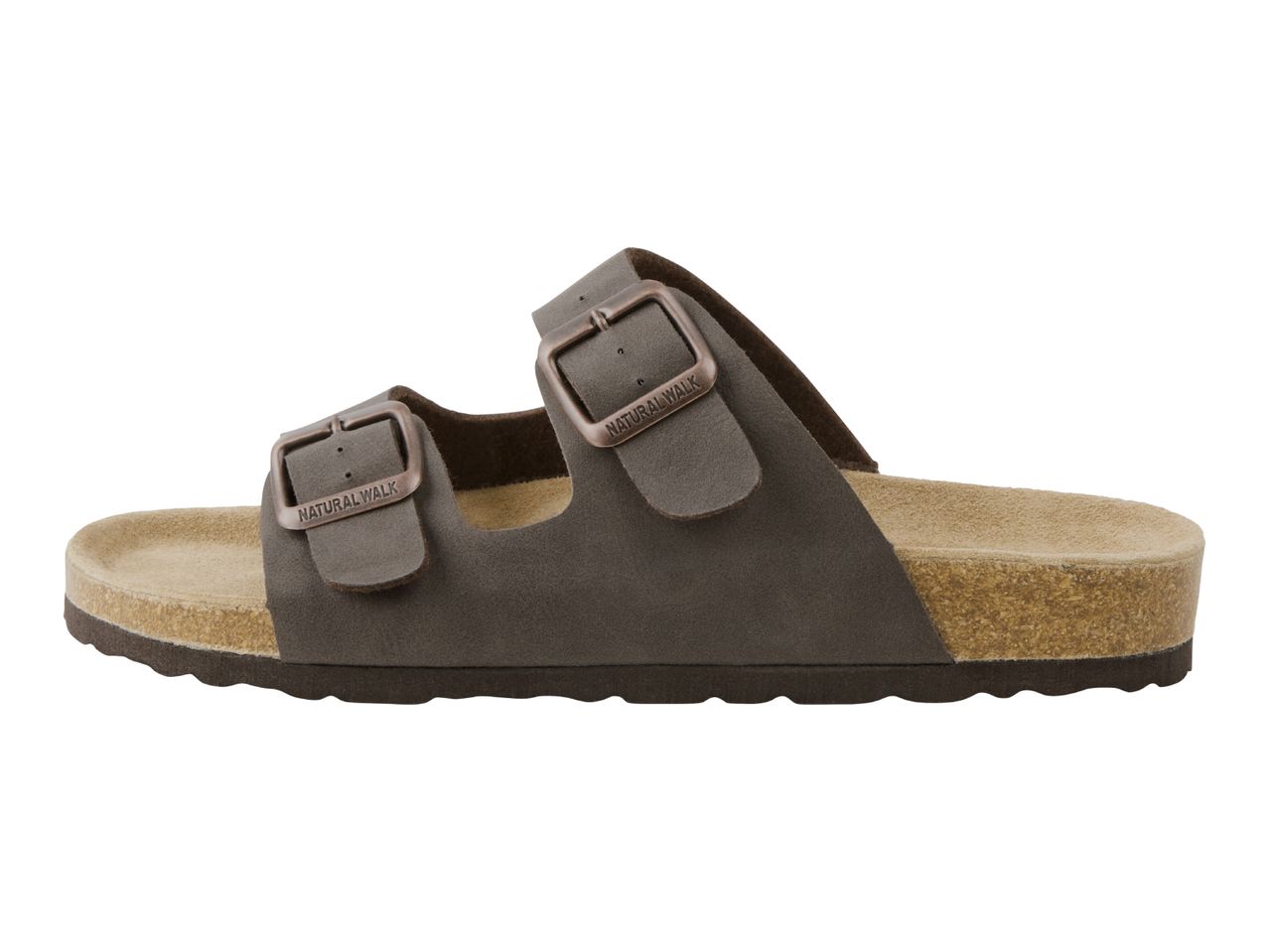 Dark brown double buckle sandals with cork footbed.