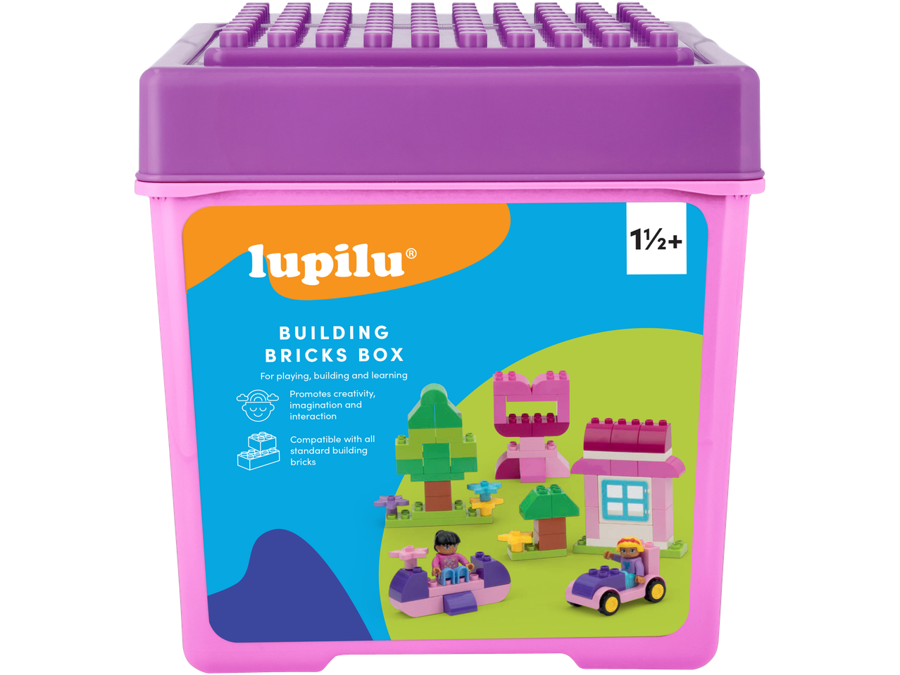 Lupilu® konstravimo kaladėlių dėžutė nuo 1½ metų, su spalvingomis kaladėlėmis ir figūrėlėmis.