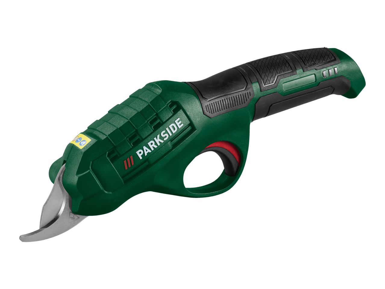 Green and black electric pruning shears with a red trigger