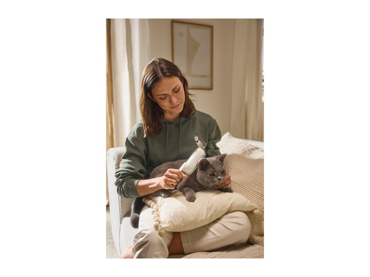 A woman sitting on a sofa and grooming a grey cat with a white pet brush.