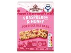 Crownfield Oats Raspberry & Honey Porridge Oat Bars packaging shows four bars and nutritional information.