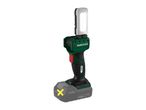 Cordless work light with a bright LED panel, featuring a green and black body.
