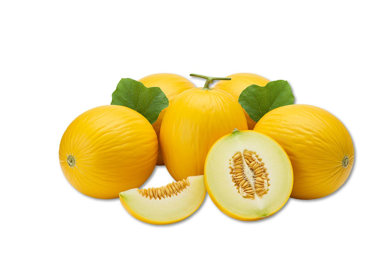 Dzeltenas melones ar lapām, viena pārgriezta uz pusēm, otra šķēlēs.