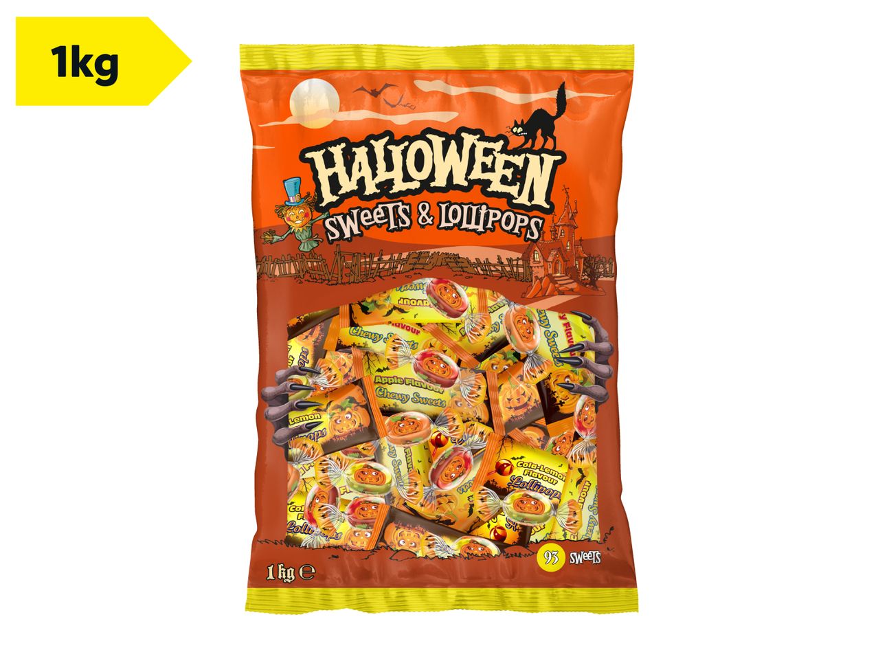 A 1kg bag of Halloween sweets and lollipops containing 93 pieces.