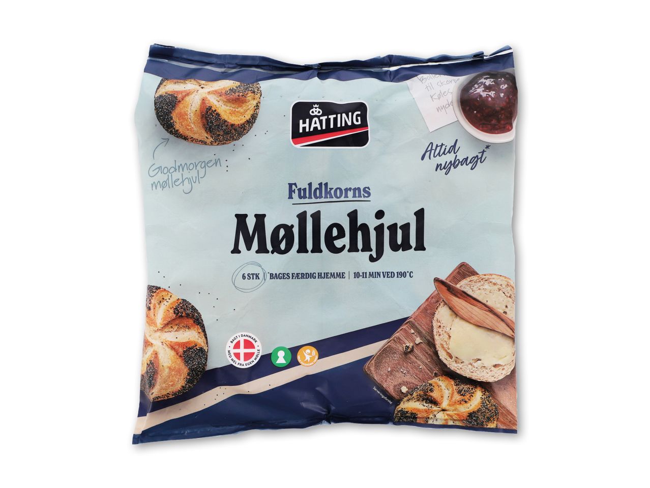 Emballage med fuldkornsboller, der viser boller med birkes og smør, med teksten 'Godmorgen: møllehjul' og 'Altid nybagt'.