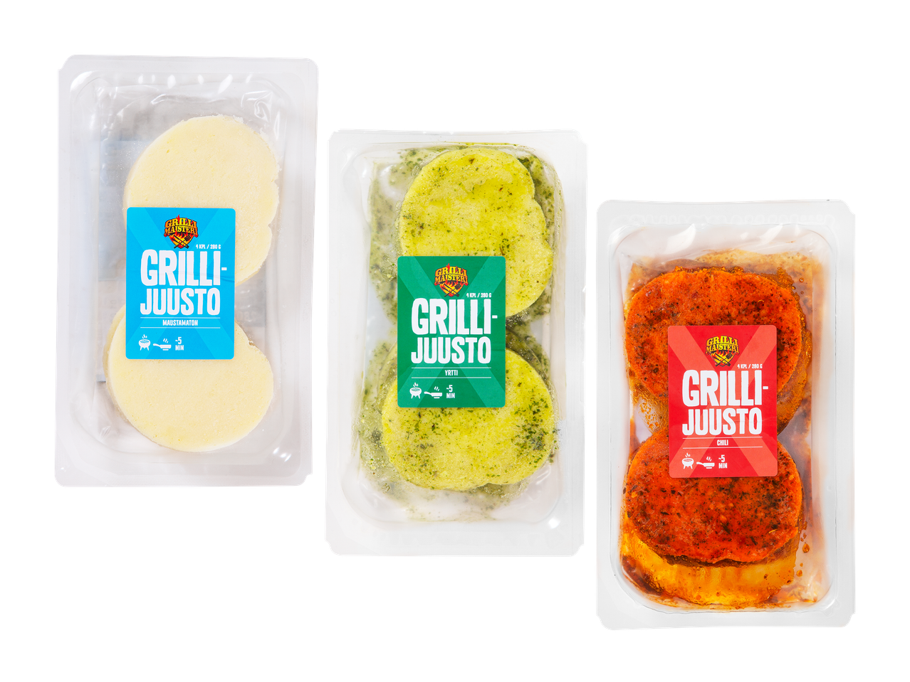 Kolme pakkausta grillijuustoa: maustamaton, yrtti ja chili.