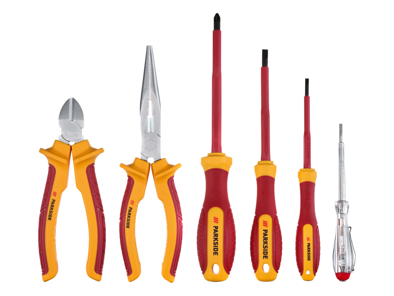 Set izoliranih odvijača i kliješta s crveno-žutim ručkama na crnoj pozadini.