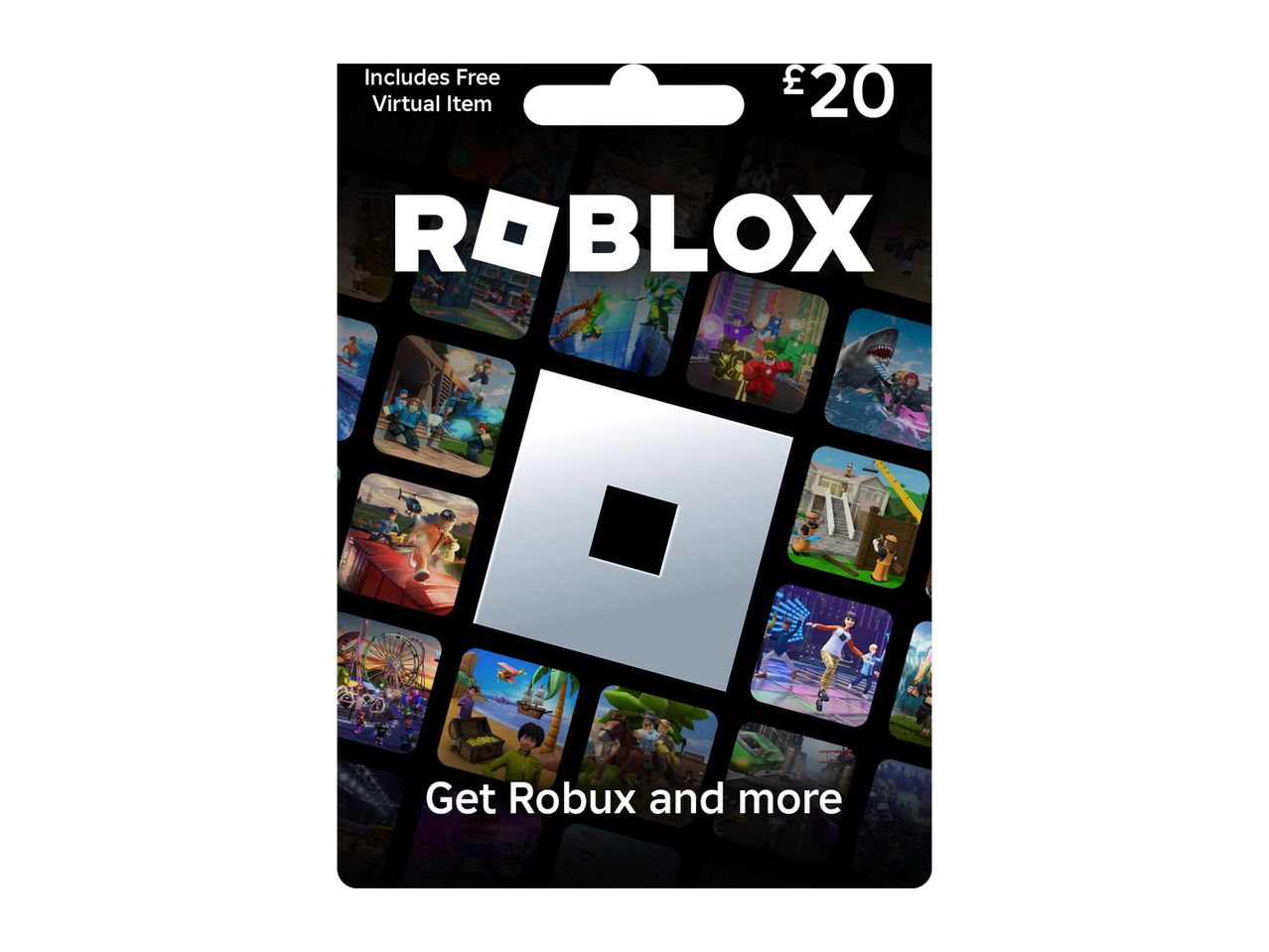 Roblox gift card for £20, includes a free virtual item, with game scenes.