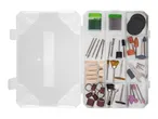 A clear plastic case filled with various rotary tool accessories, including grinding stones, sanding bands, brushes, and cutting discs.