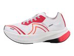 White and red running shoe with black and white laces and a thick sole.