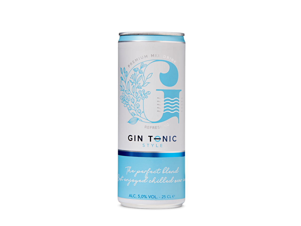 Gin Tonic Style kant-en-klare blik, 5,0% vol, 25cl, met botanisch ontwerp.