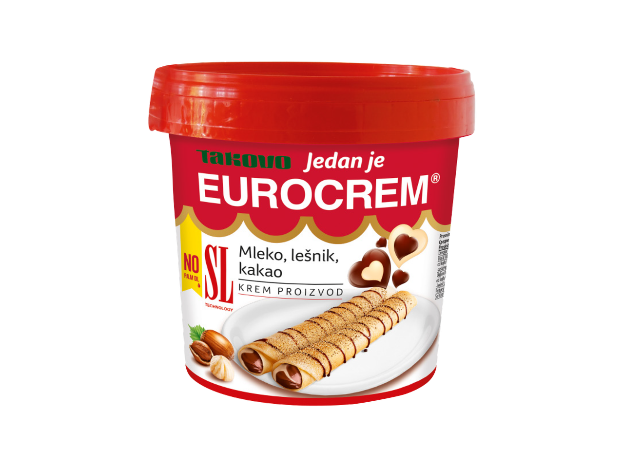 Tegla čokoladnog krema sa lešnikom, mlekom i kakaom, bez palminog ulja.