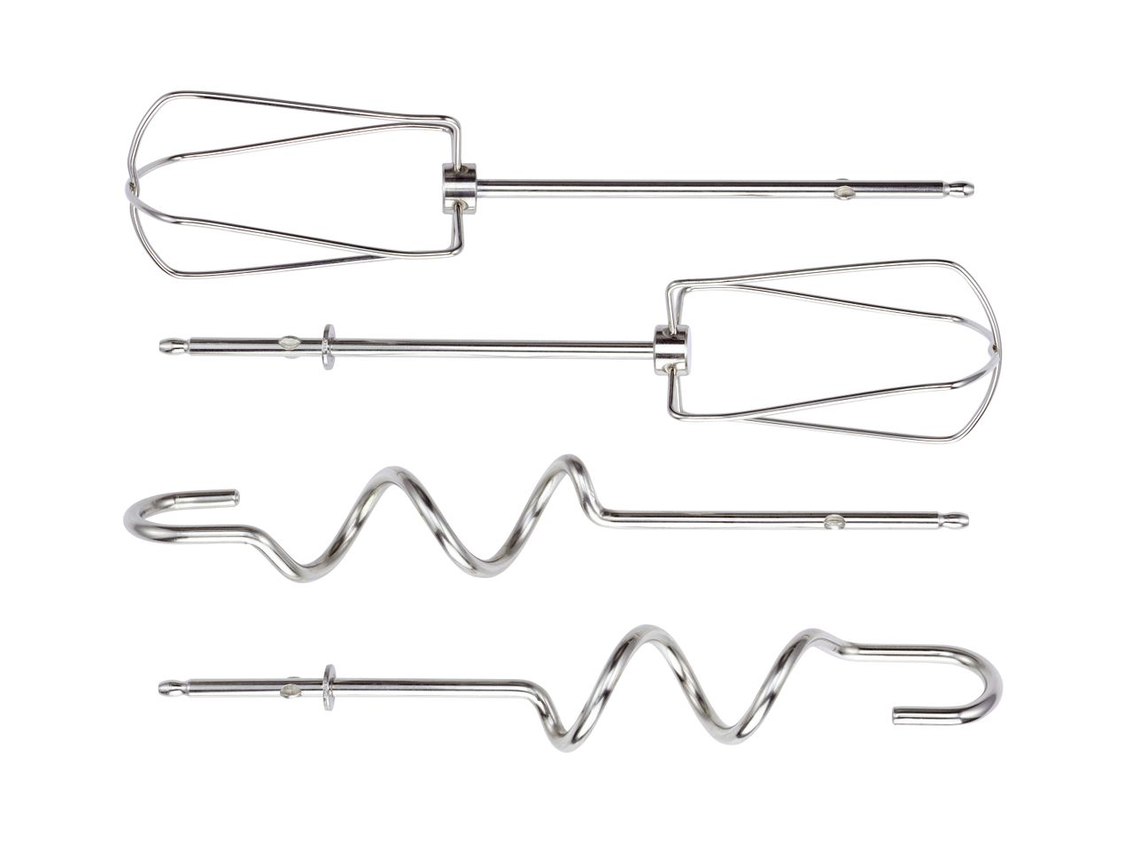 Four stainless steel mixer attachments: two beaters and two dough hooks.