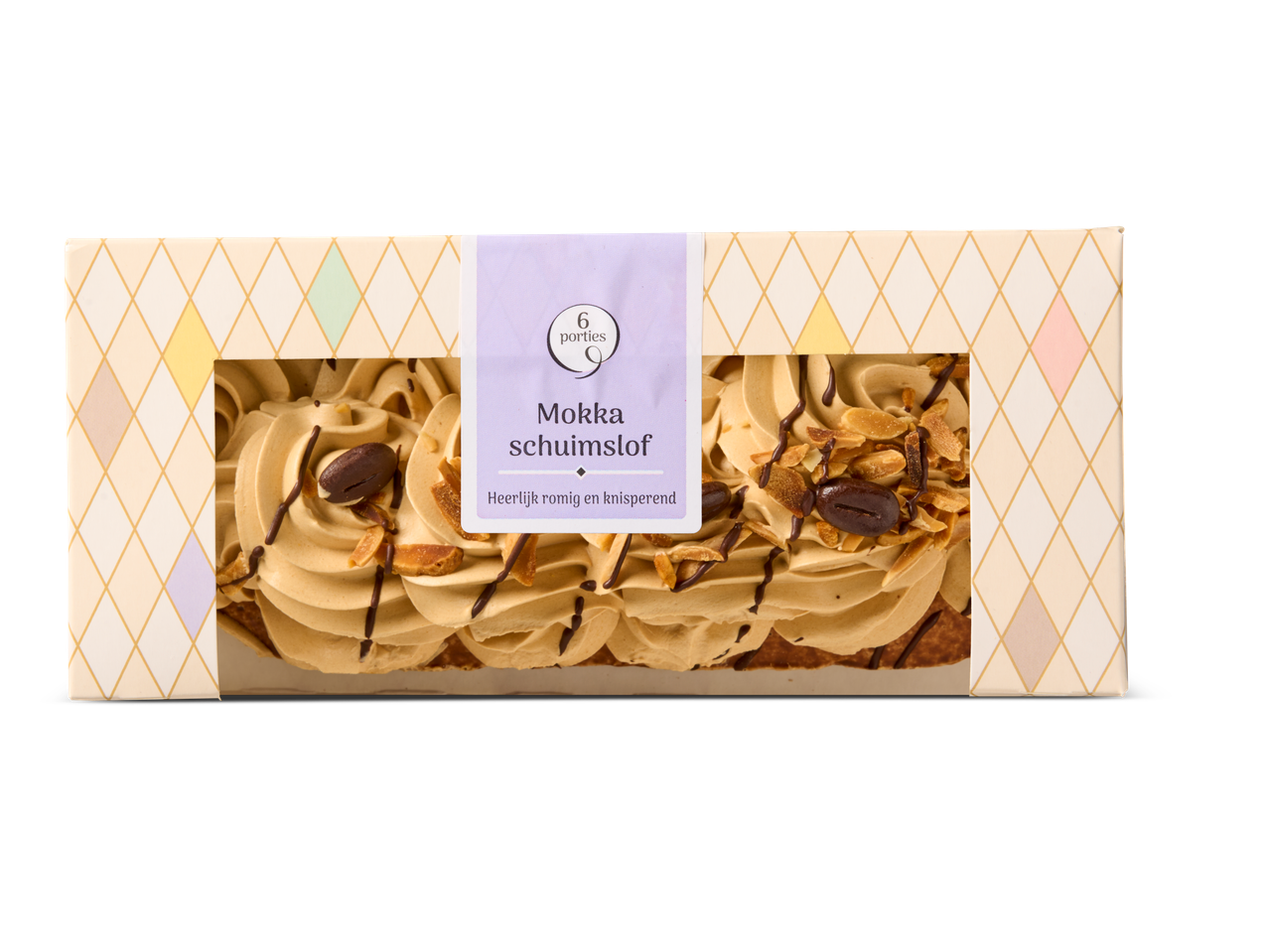 Een doos met 6 porties Mokka schuimslof, een romig en knapperig koffie dessert.